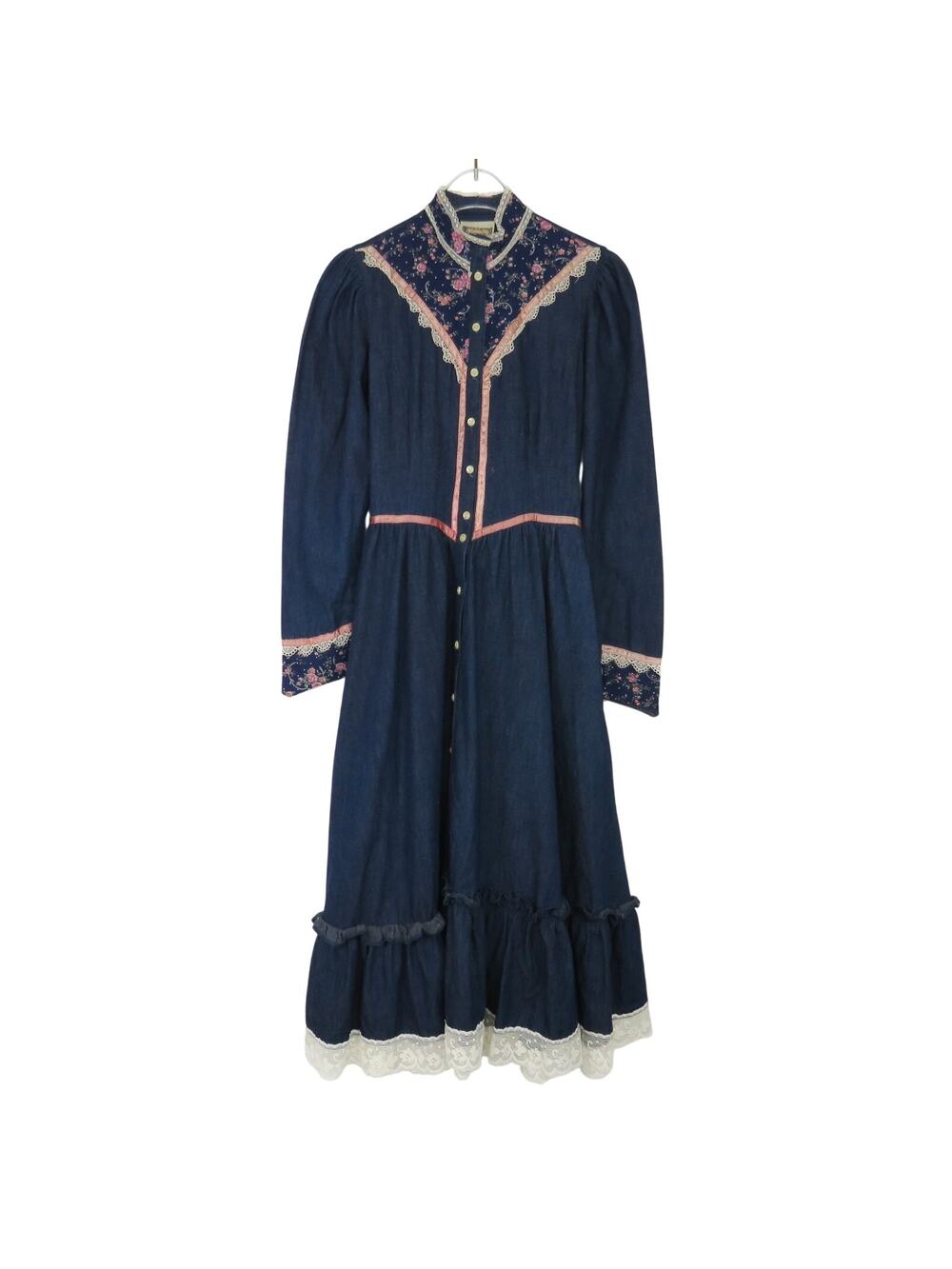1970s Gunne Sax Vintage Blue Denim Calico Floral Trim Maxi Dress Prairie Dress 3